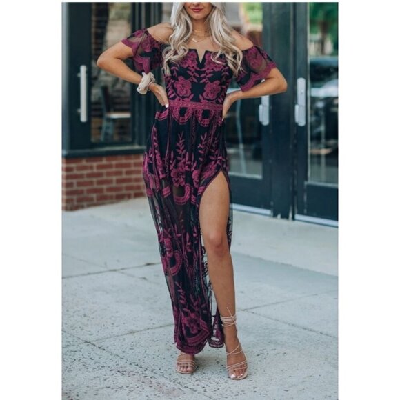 Cloud Ten Canyon Lace Black Romper Dress with Maroon Embroidery Dress Shorts Siz - Picture 2 of 16